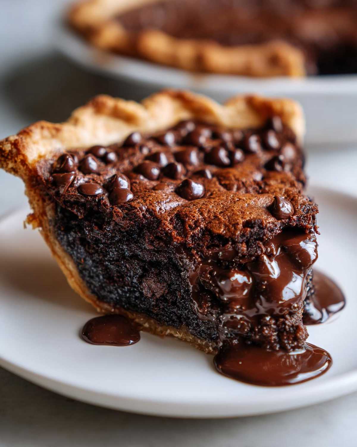 A decadent slice of fudge pie with a gooey, molten chocolate center oozing onto the plate, topped with chocolate chips.