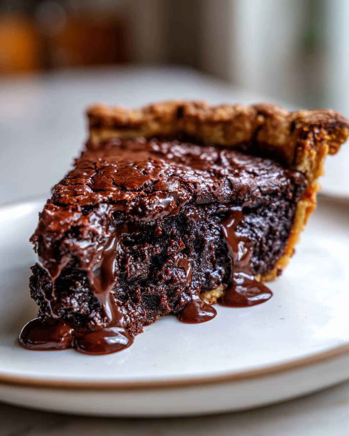 A decadent, gooey slice of fudge pie with melted chocolate dripping onto a white plate.
