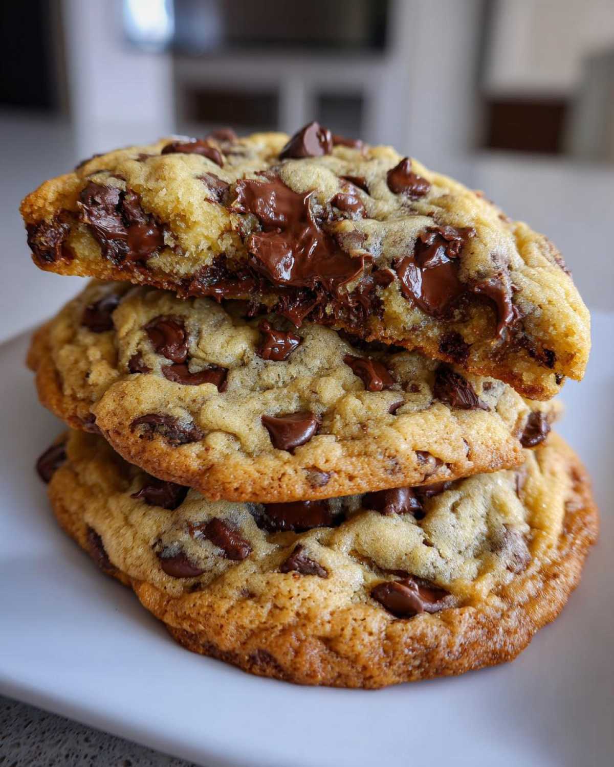 A stack of three thick, chewy vegan chocolate chip cookies, with the top one broken open to show melted chocolate.