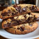 A stack of three thick, gooey vegan chocolate chip cookies cut in half to show melted chocolate chunks inside.