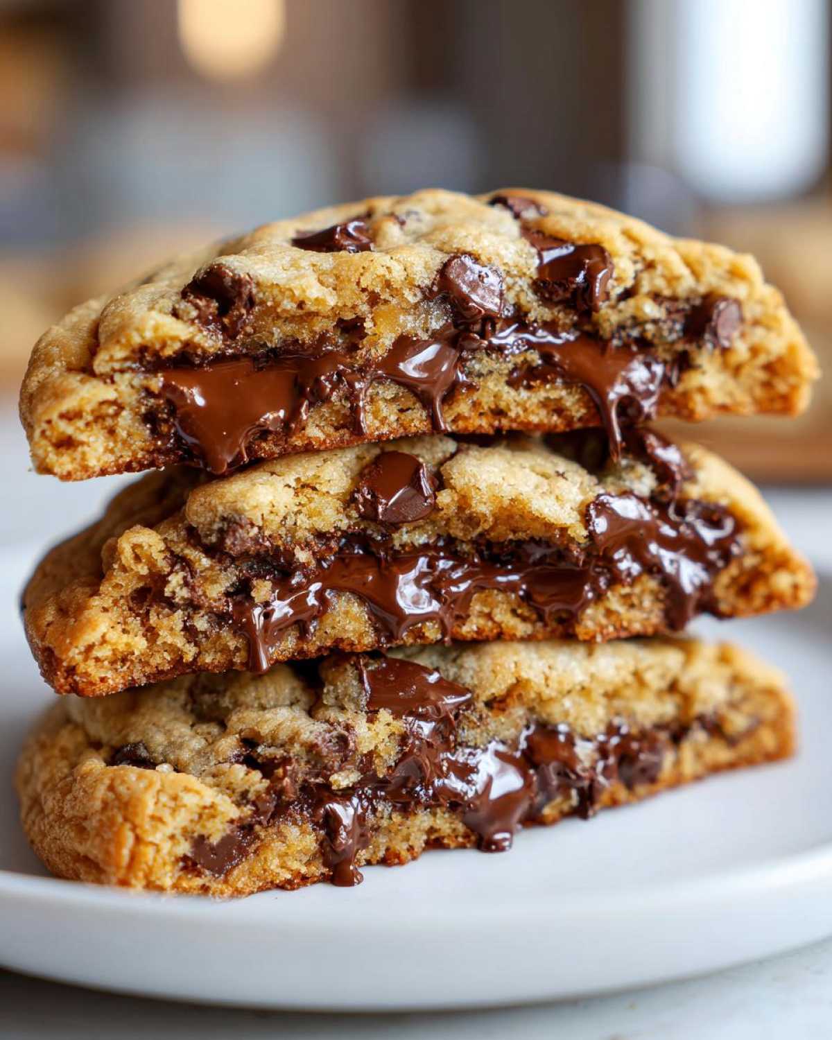 Close-up of three stacked vegan chocolate chip cookies cut in half, revealing gooey, melted chocolate centers.