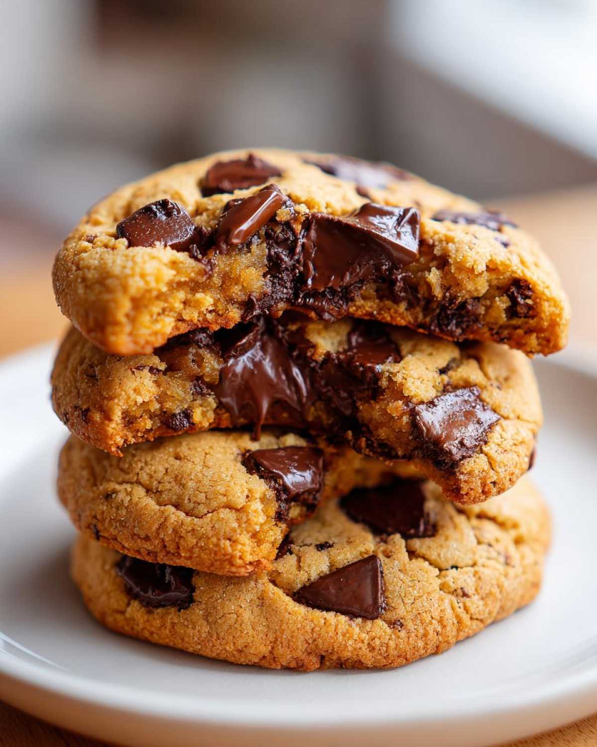 Close-up of three stacked vegan chocolate chip cookies with melted chocolate centers.