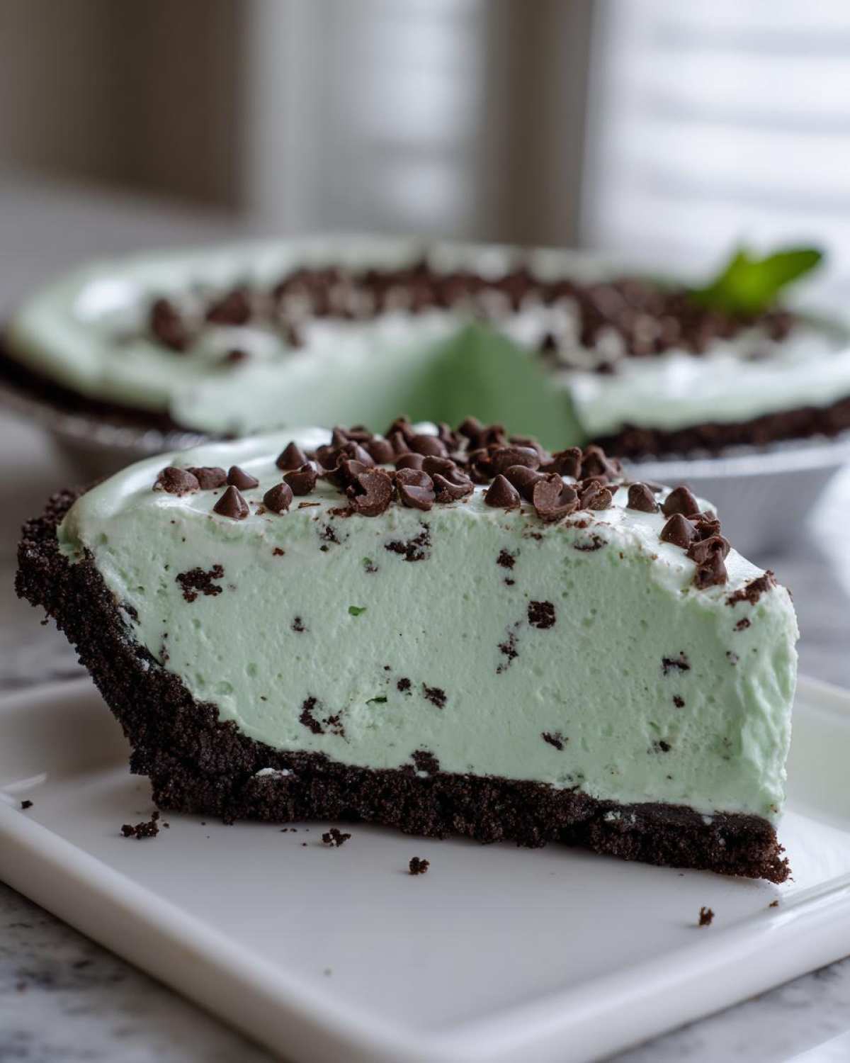 A close-up of a thick slice of grasshopper pie with a chocolate crust, mint filling, and chocolate chips.