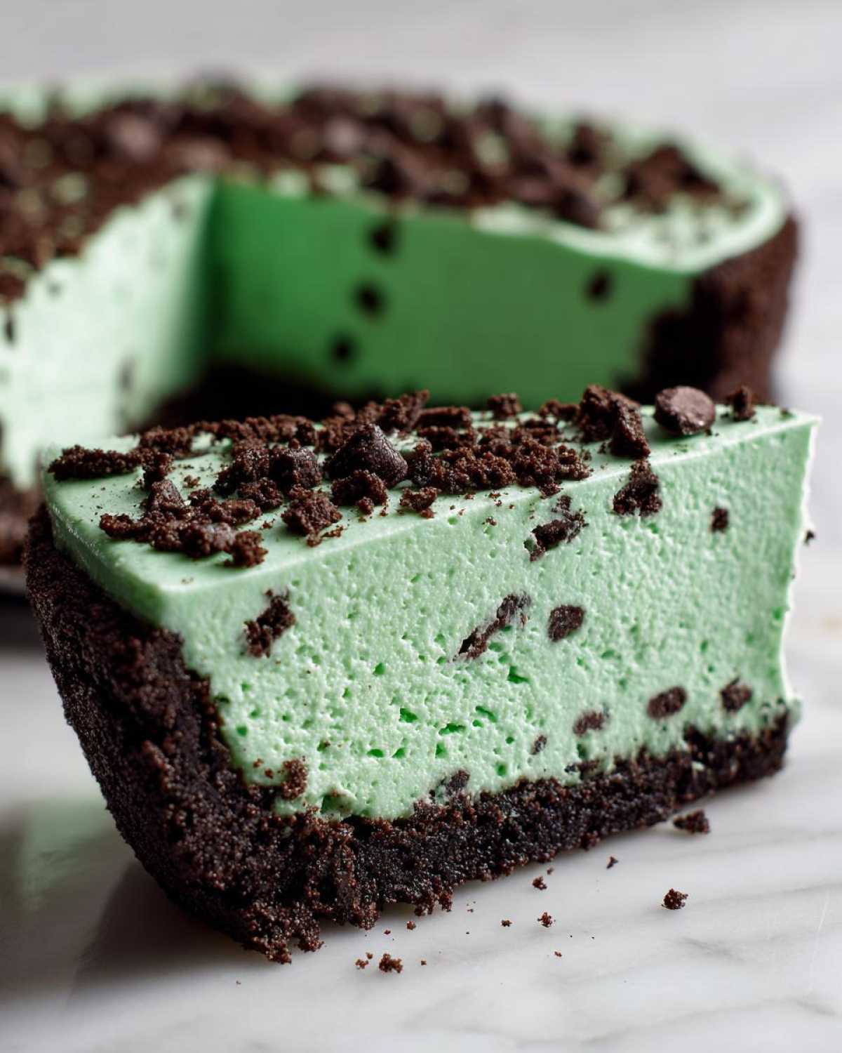 A close-up slice of bright green grasshopper pie with a dark chocolate crust and chocolate chip topping.