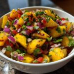 Close-up of vibrant peach salsa chunks mixed with red onion, cilantro, and peppers in a white bowl.