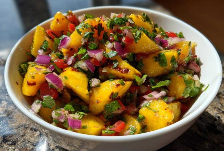 Close-up of vibrant peach salsa chunks mixed with red onion, cilantro, and peppers in a white bowl.