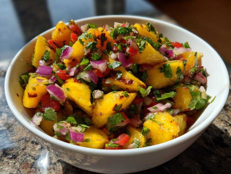 Close-up of vibrant peach salsa chunks mixed with red onion, cilantro, and peppers in a white bowl.