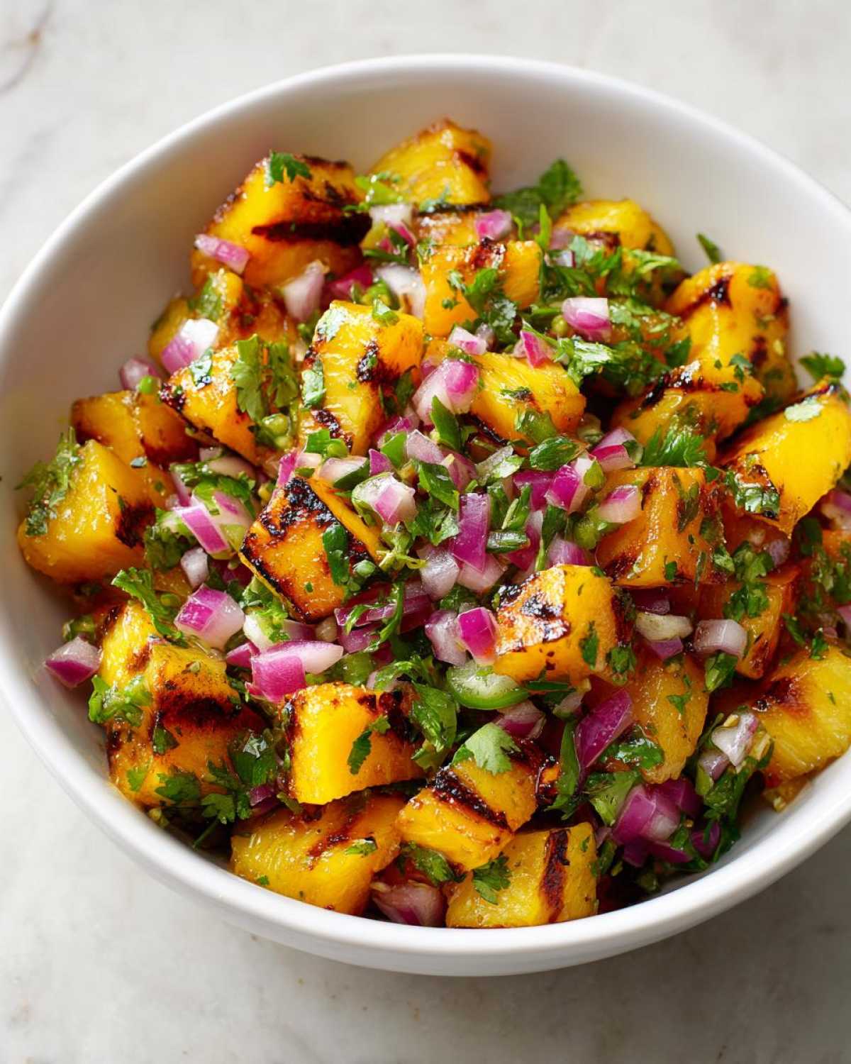 Close-up view of vibrant grilled peach salsa featuring charred peach chunks, diced red onion, and fresh cilantro in a white bowl.