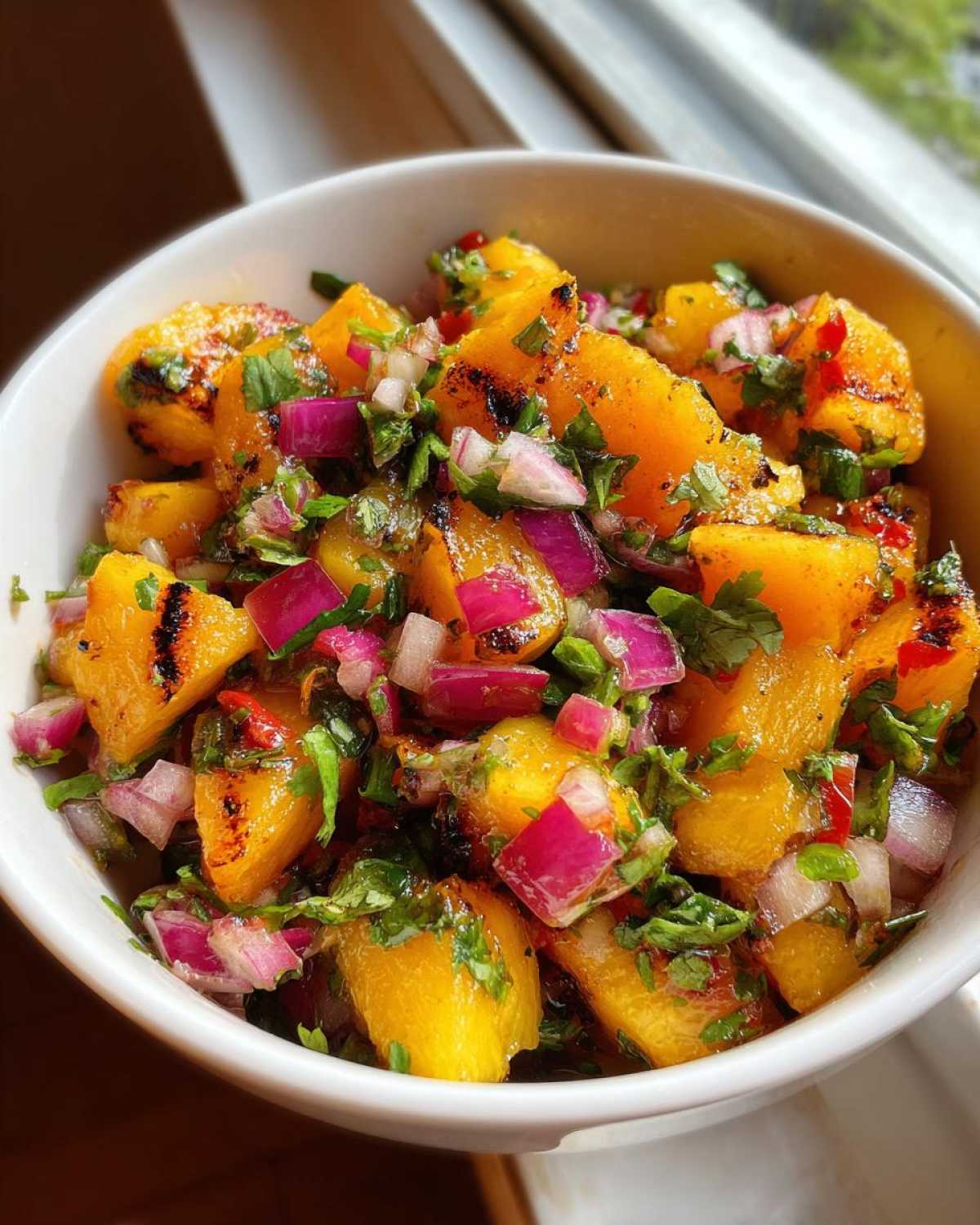 Close-up of vibrant grilled peach salsa featuring charred peach chunks, diced red onion, and cilantro.