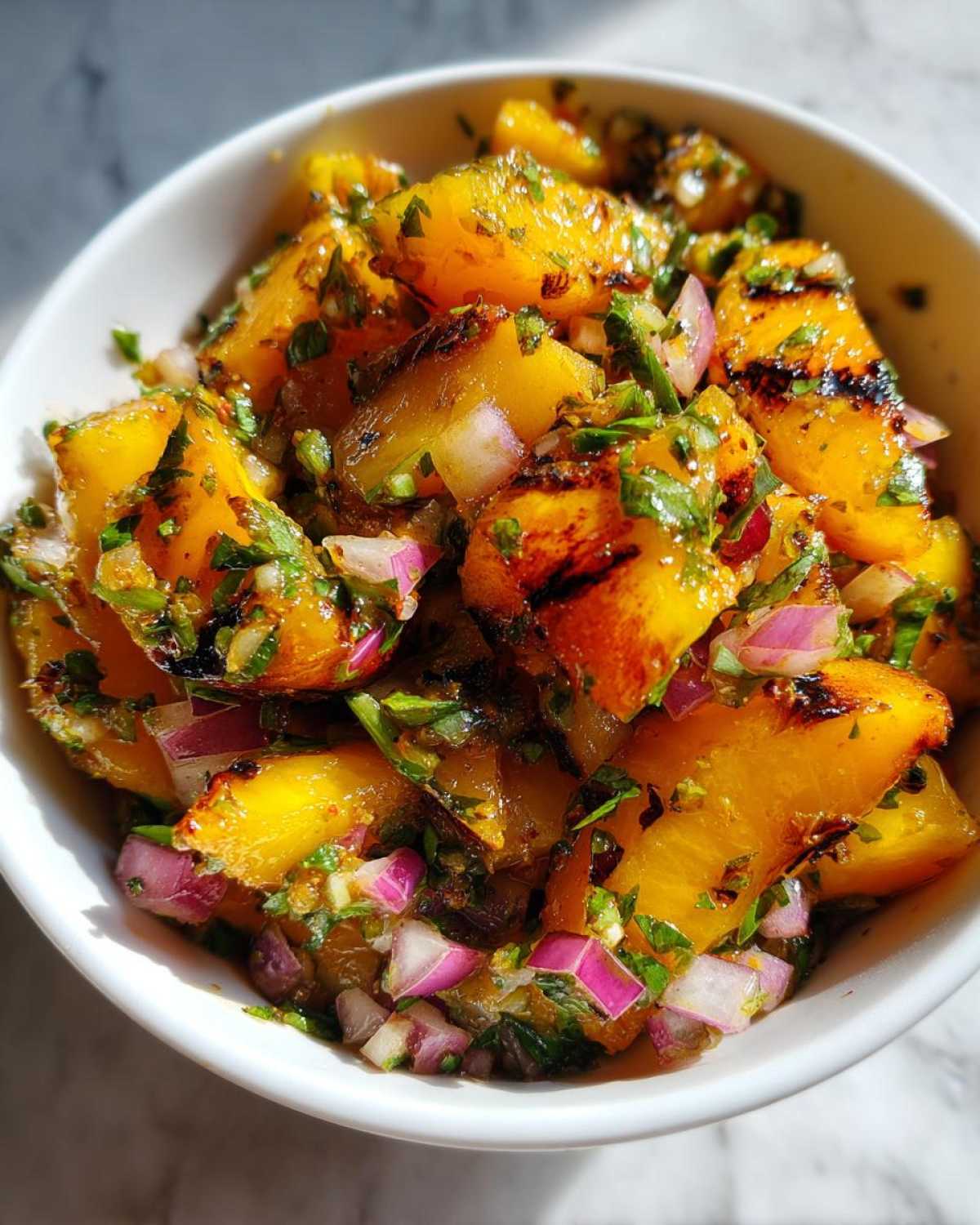 Close-up of vibrant grilled peach salsa chunks mixed with diced red onion and fresh cilantro in a white bowl.