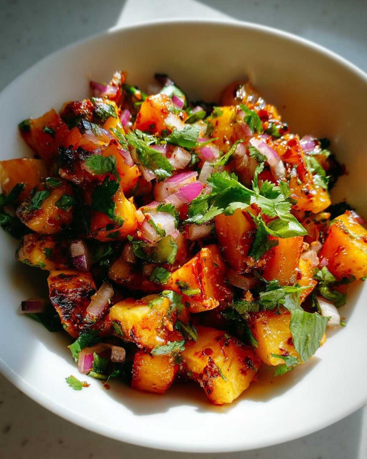Close-up of grilled peach salsa chunks mixed with red onion and cilantro in a white bowl.
