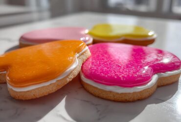 Close-up of heart-shaped sugar cookies decorated with bright orange, pink, and yellow sugar cookie icing recipe.