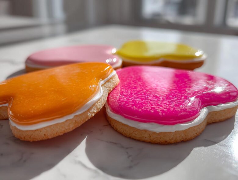 Close-up of heart-shaped sugar cookies decorated with bright orange, pink, and yellow sugar cookie icing recipe.
