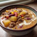 Close-up of a hearty bowl of cowboy soup featuring ground beef, potatoes, corn, and kidney beans in a creamy broth.