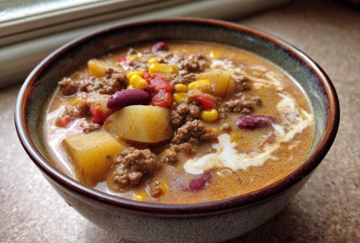 Close-up of a hearty bowl of cowboy soup featuring ground beef, potatoes, corn, and kidney beans in a creamy broth.