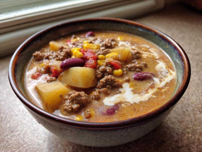 Close-up of a hearty bowl of cowboy soup featuring ground beef, potatoes, corn, and kidney beans in a creamy broth.