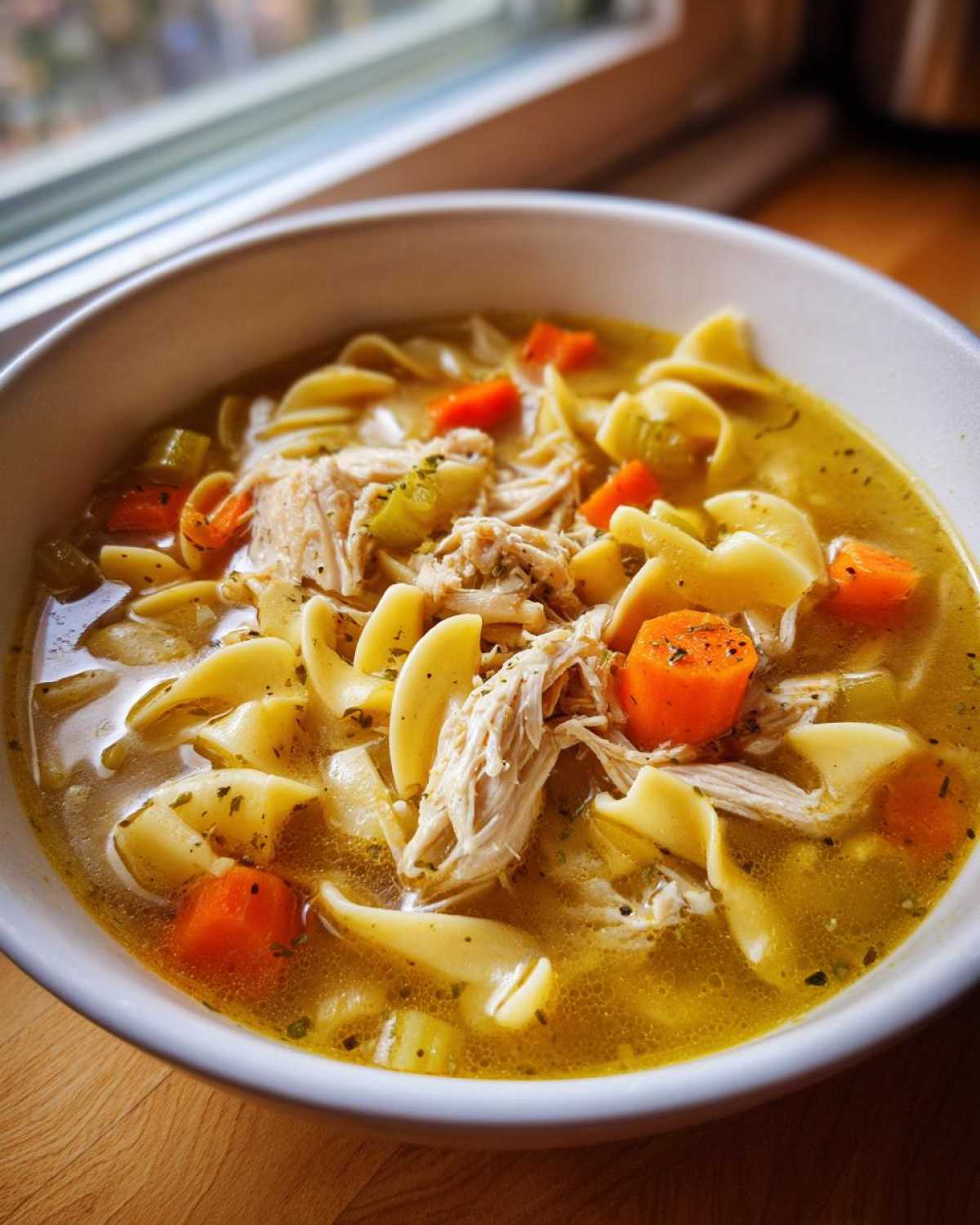 Close-up of a hearty bowl of turkey noodle soup featuring shredded turkey, egg noodles, carrots, and celery in rich broth.