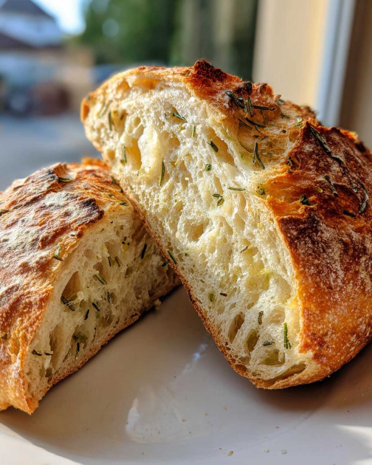 Close-up of artisan bread sliced in half, revealing an open, airy crumb dotted with green herbs.
