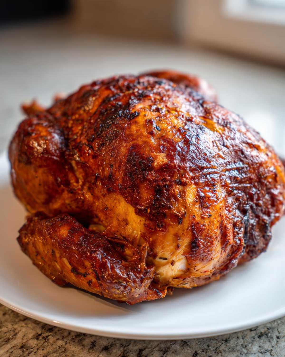 A whole roasted turkey with deeply browned, crispy skin resting on a white plate.