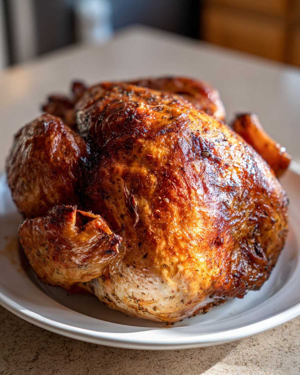 A beautifully roasted whole turkey with crispy, golden-brown skin resting on a white serving platter.