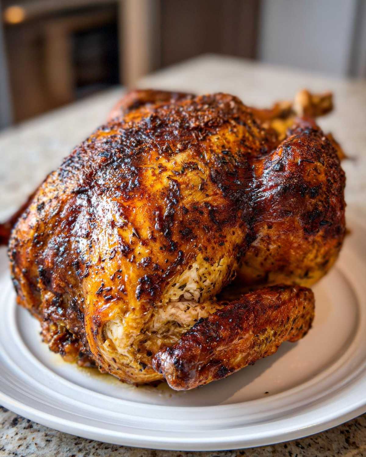 A whole, beautifully roasted turkey with crispy, dark herb-rubbed skin resting on a white plate.