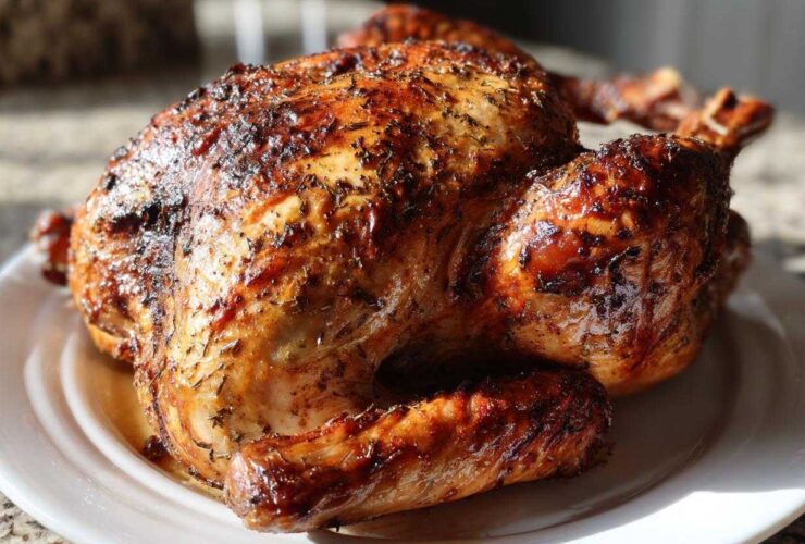 A beautifully roasted turkey with dark, herb-crusted, crispy skin resting on a white platter.