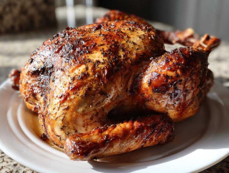 A beautifully roasted turkey with dark, herb-crusted, crispy skin resting on a white platter.