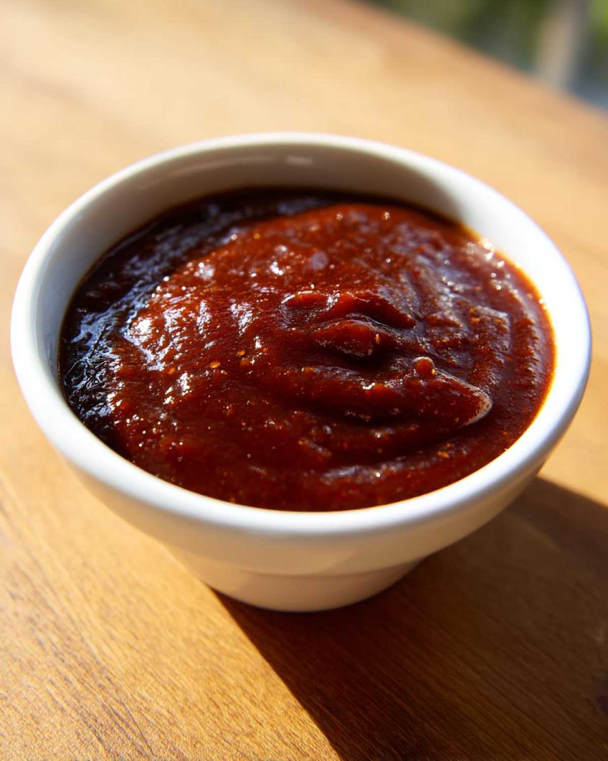 Close-up of thick, rich homemade bbq sauce served in a small white dipping bowl.