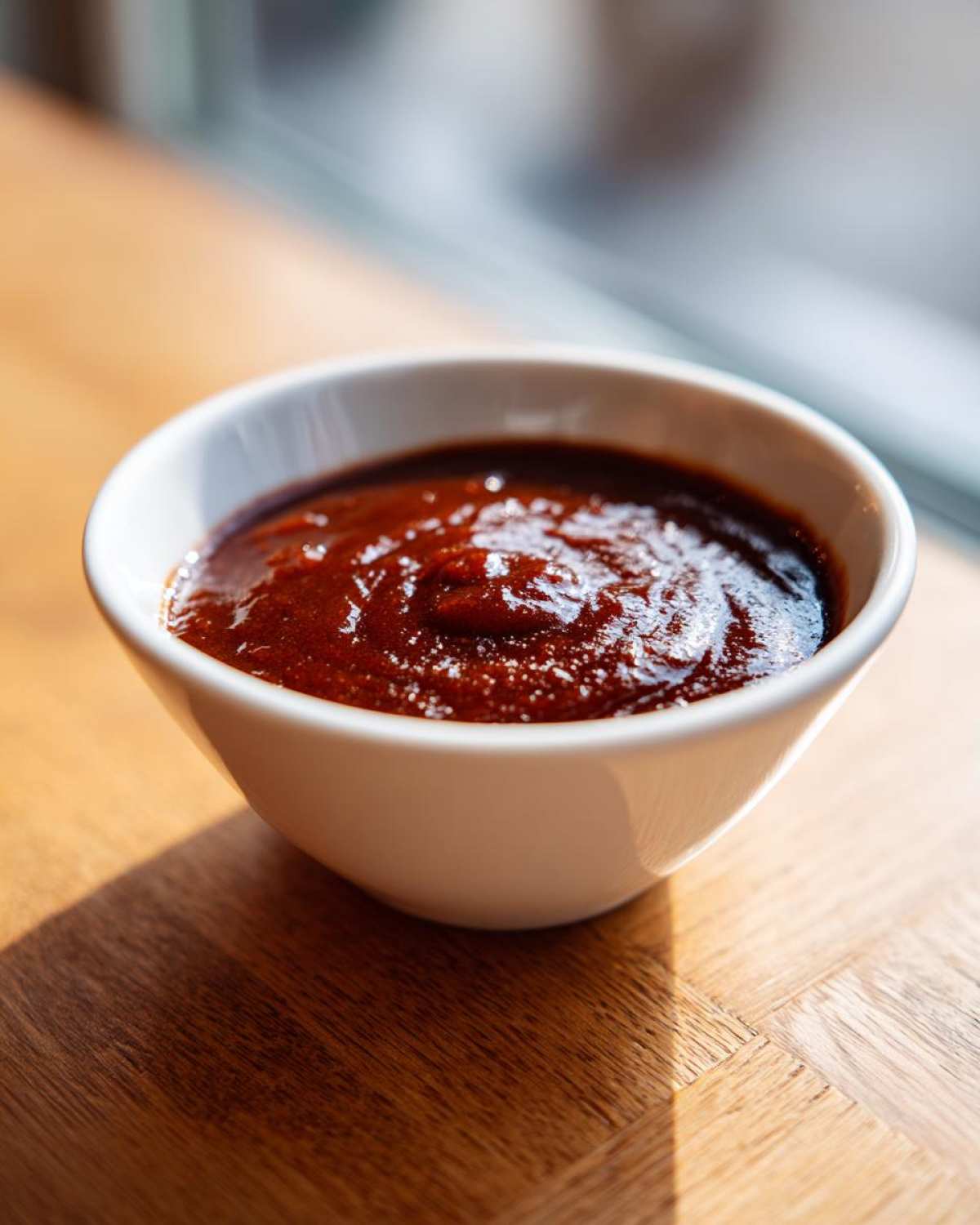 Close-up of thick, rich homemade bbq sauce served in a small white bowl on a wooden surface.