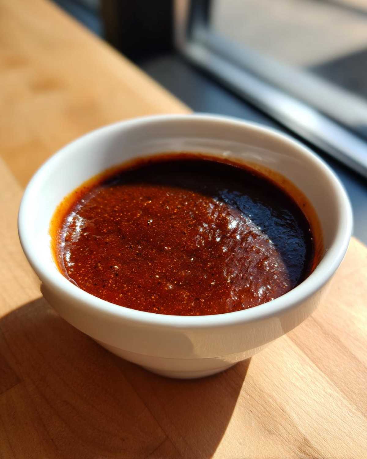 Close-up of thick, dark red homemade bbq sauce seasoned with spices, served in a small white bowl on a wooden surface.