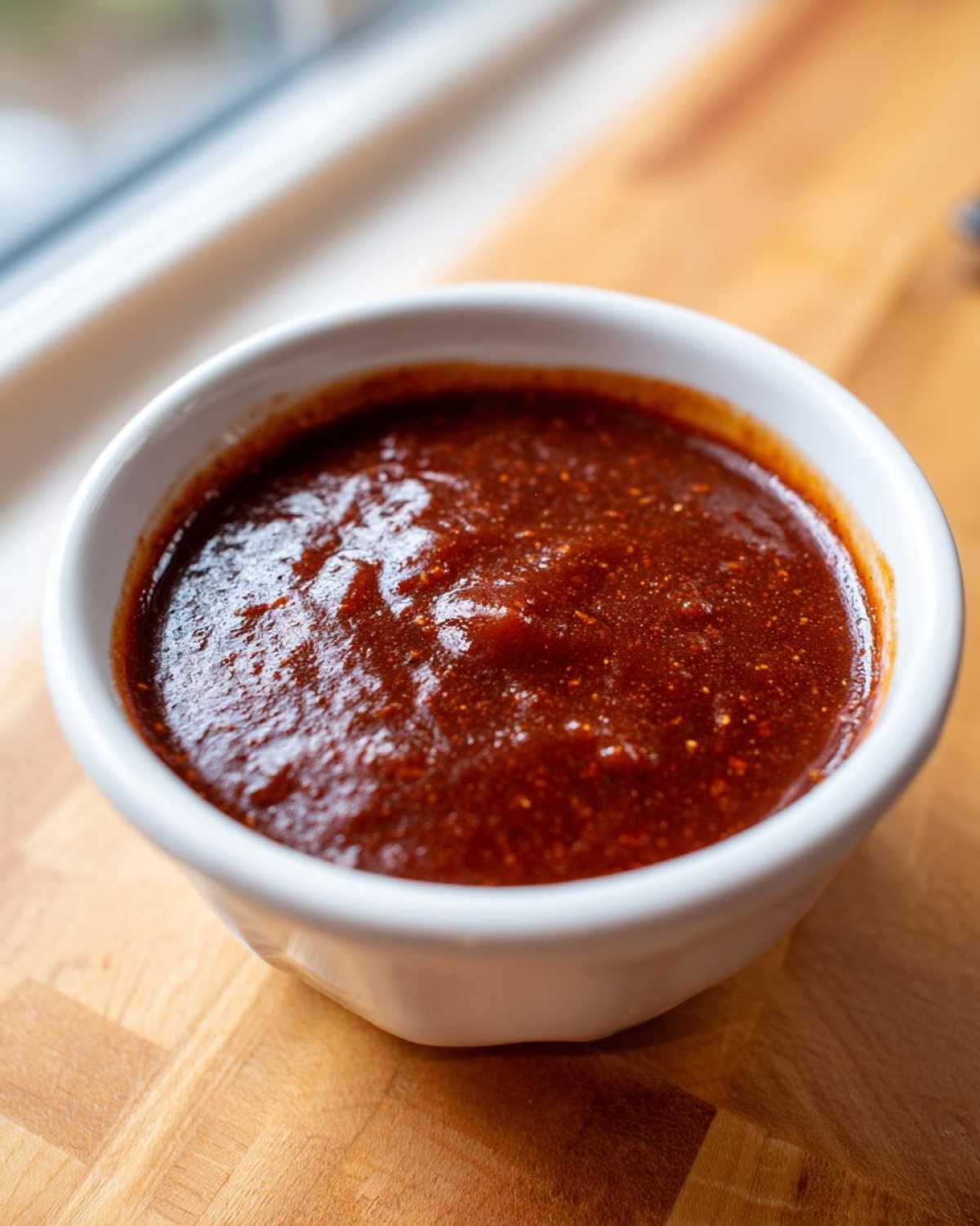 Close-up of thick, dark red homemade bbq sauce served in a small white bowl on a wooden cutting board.