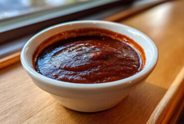 Close-up of thick, dark red homemade bbq sauce served in a small white ramekin on a wooden surface.