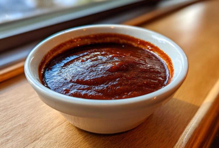 Close-up of thick, dark red homemade bbq sauce served in a small white ramekin on a wooden surface.