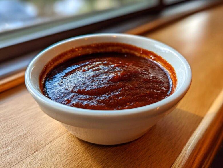 Close-up of thick, dark red homemade bbq sauce served in a small white ramekin on a wooden surface.
