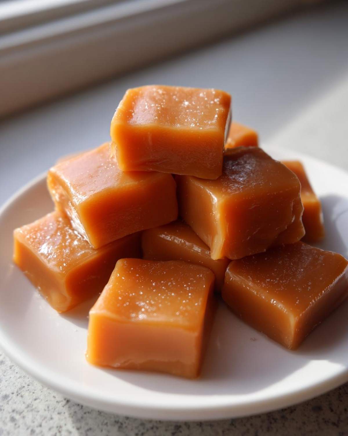 Close-up of shiny, square homemade caramel pieces stacked on a white plate, lightly sprinkled with salt.