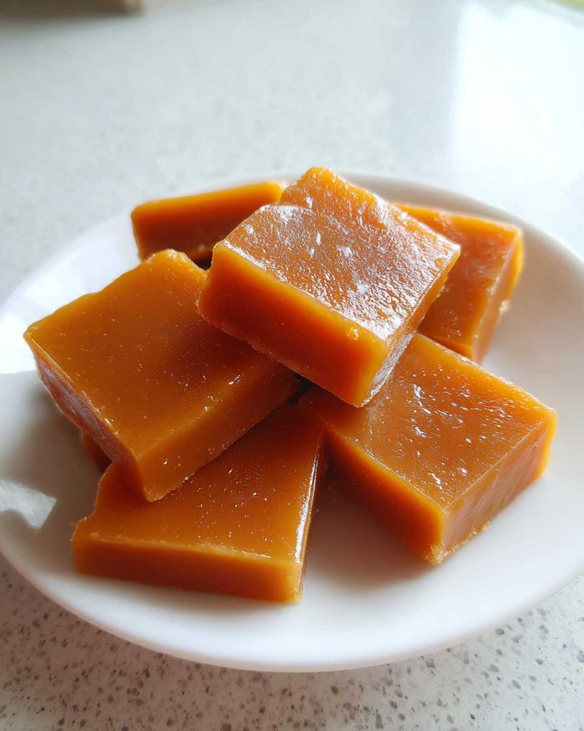 Close-up of several shiny, square pieces of rich, orange-brown homemade caramel stacked on a small white plate.