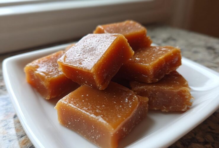 Close-up of several chewy, square pieces of homemade caramel stacked on a small white dish.