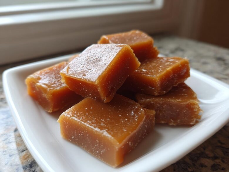 Close-up of several chewy, square pieces of homemade caramel stacked on a small white dish.