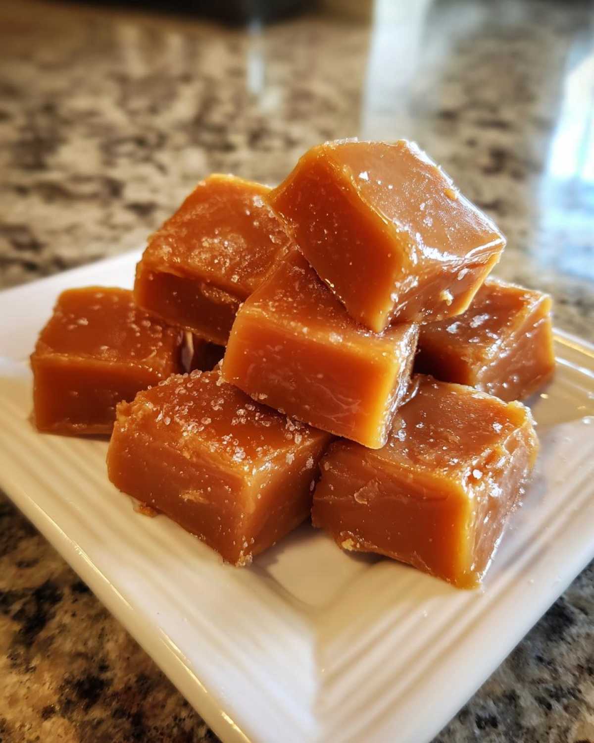 A stack of chewy, square pieces of homemade caramel sprinkled with sea salt on a white plate.