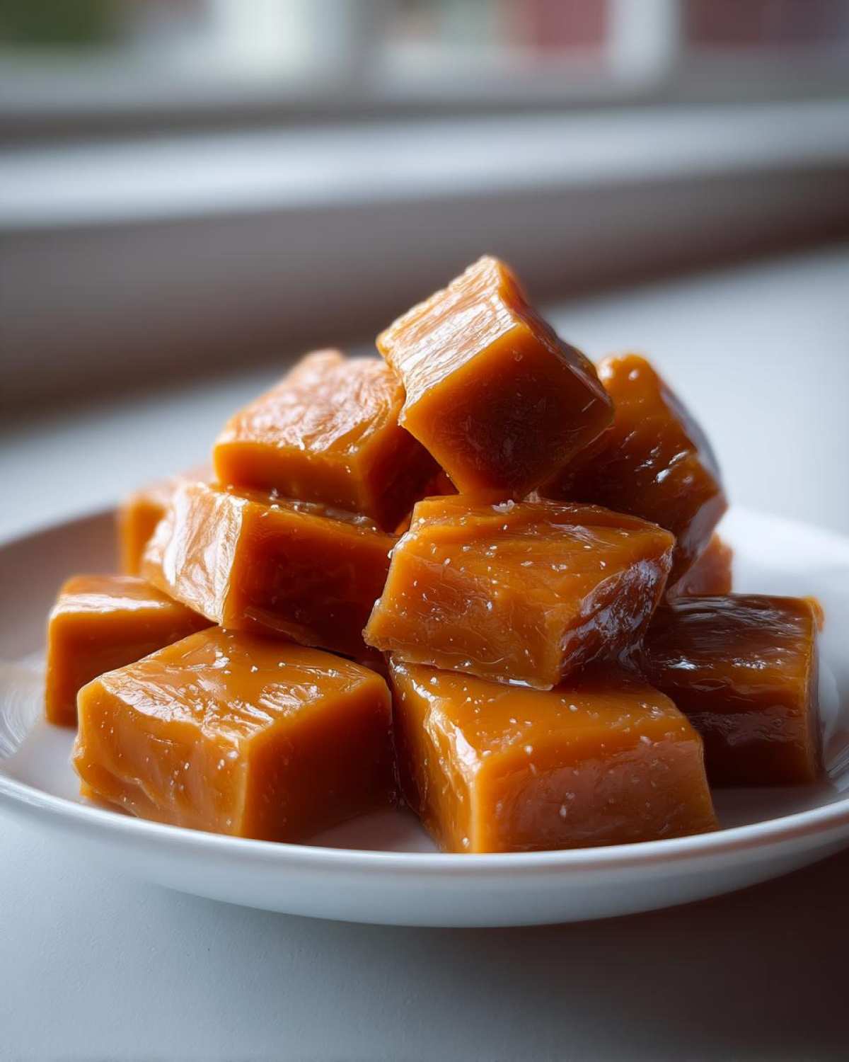 Close-up of a stack of shiny, square homemade caramel pieces sprinkled with sea salt on a white plate.