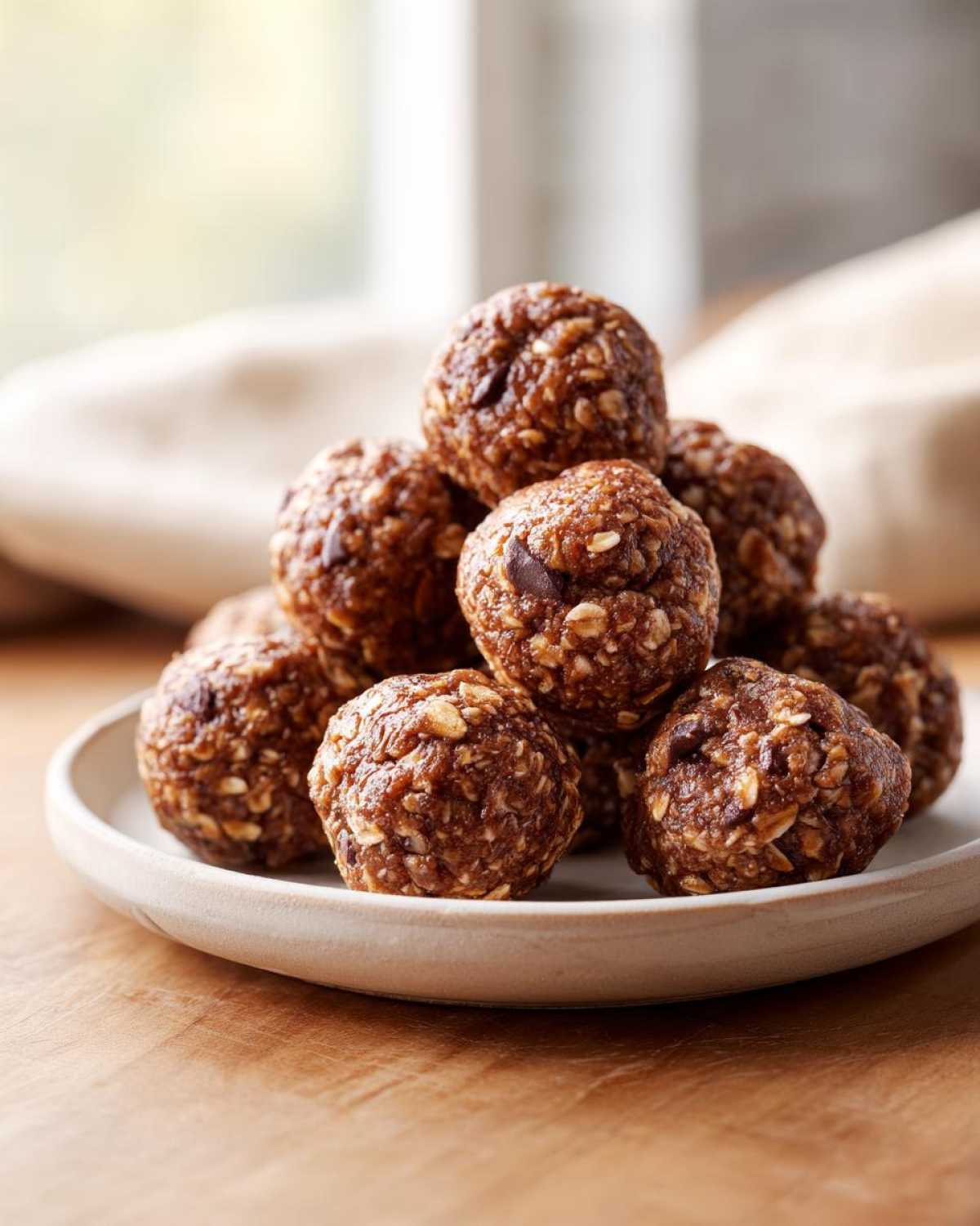 A stack of homemade chocolate chip protein balls made with oats, resting on a small, light-colored plate.