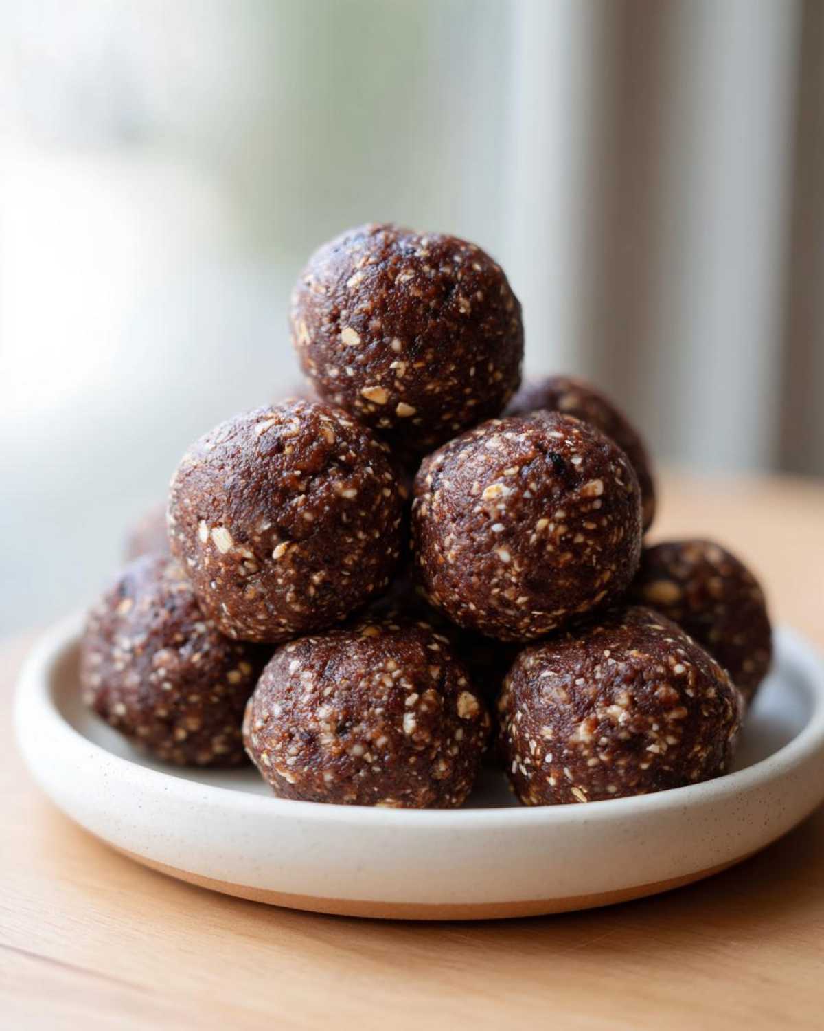 Close-up of a stack of dark brown, textured protein balls piled on a small white plate.
