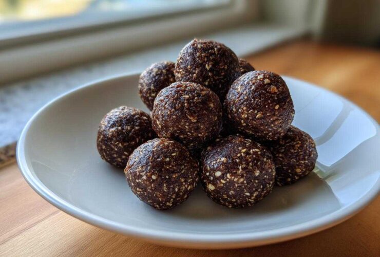 A close-up stack of dark brown, textured protein balls coated in seeds, resting on a white plate near a window.