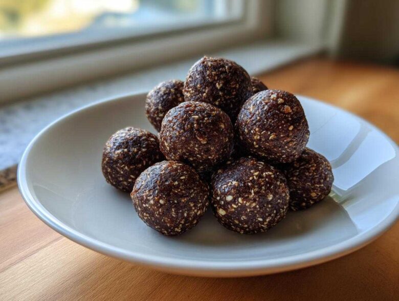 A close-up stack of dark brown, textured protein balls coated in seeds, resting on a white plate near a window.