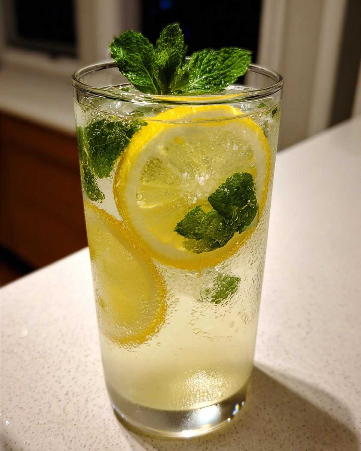 Close-up of a tall glass of sparkling homemade lemonade garnished with fresh mint leaves and lemon slices.