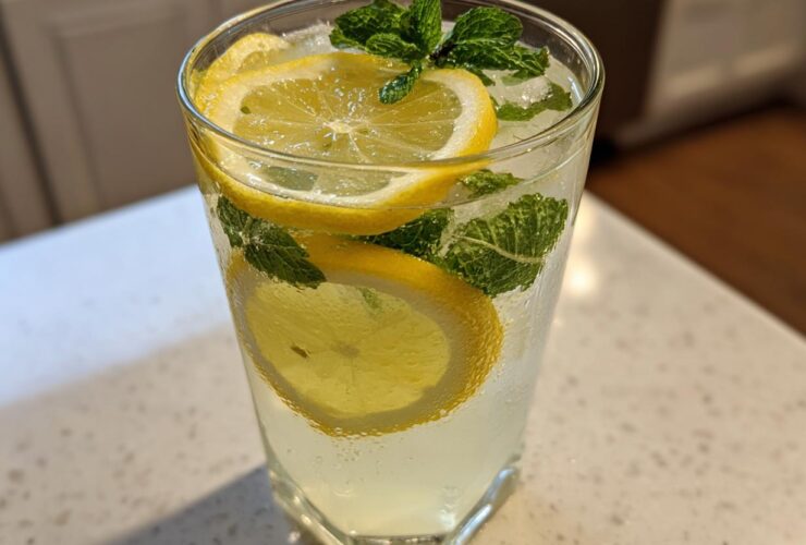 Close-up of a tall glass filled with homemade lemonade, ice, lemon slices, and fresh mint leaves.