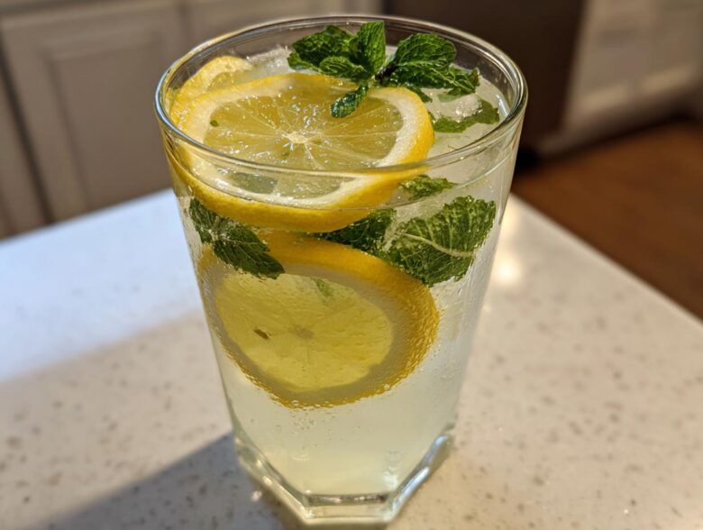 Close-up of a tall glass filled with homemade lemonade, ice, lemon slices, and fresh mint leaves.
