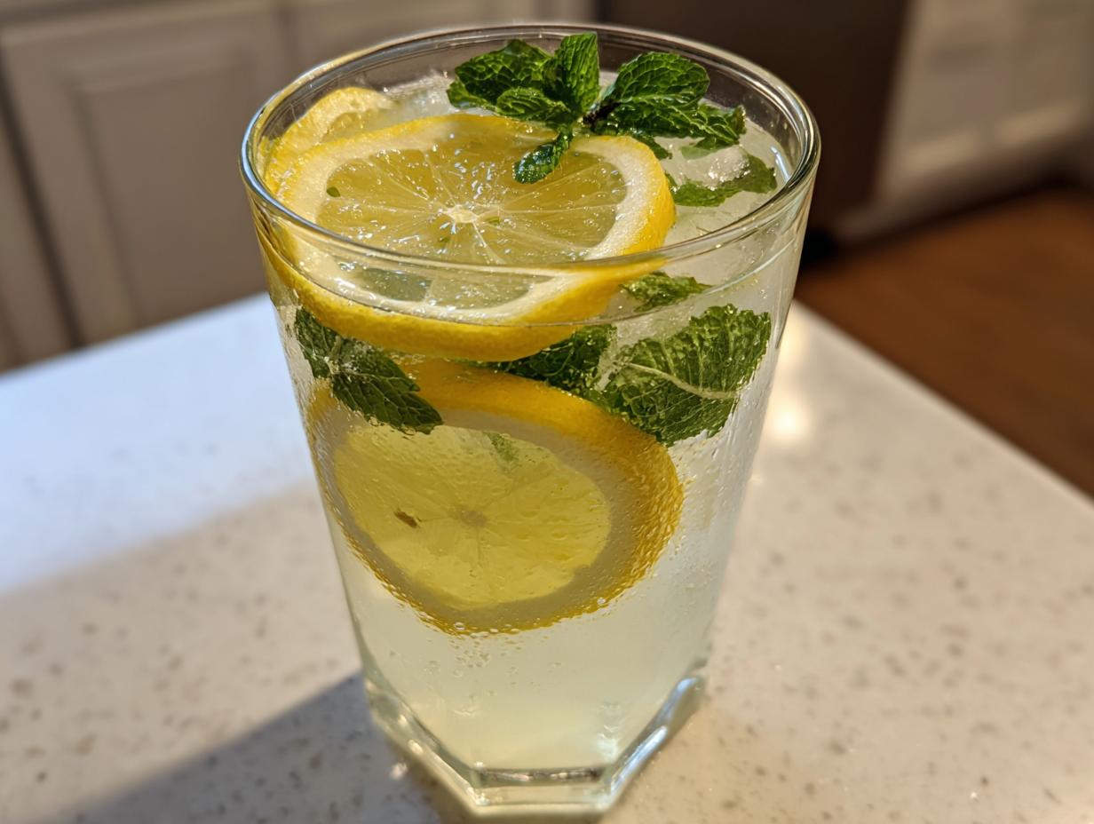 Tall glass of sparkling homemade lemonade garnished with fresh mint leaves and lemon slices.