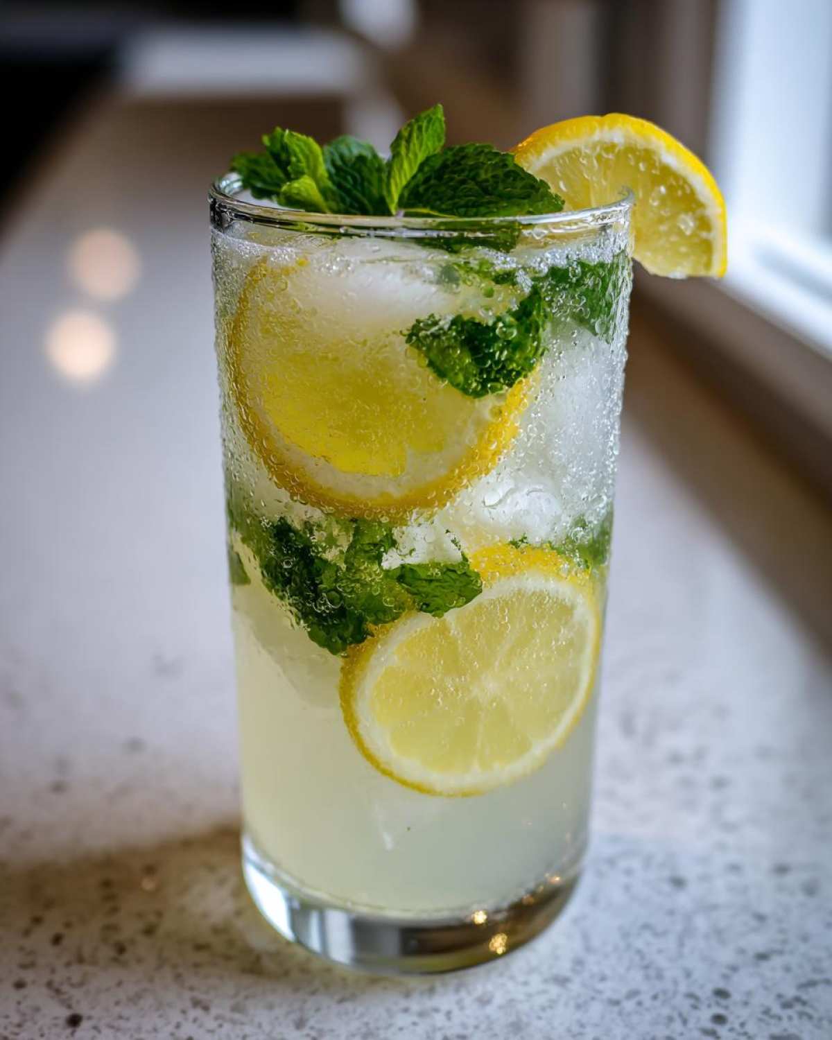 Close-up of a tall glass filled with homemade lemonade, ice, lemon slices, and fresh mint leaves.