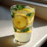 Close-up of a tall glass of sparkling homemade lemonade garnished with fresh mint leaves and bright lemon slices.
